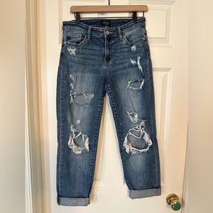 Judy Blue Boyfriend Jeans Distressed Pockets Denim Cropped Dark Wash Size 9/29